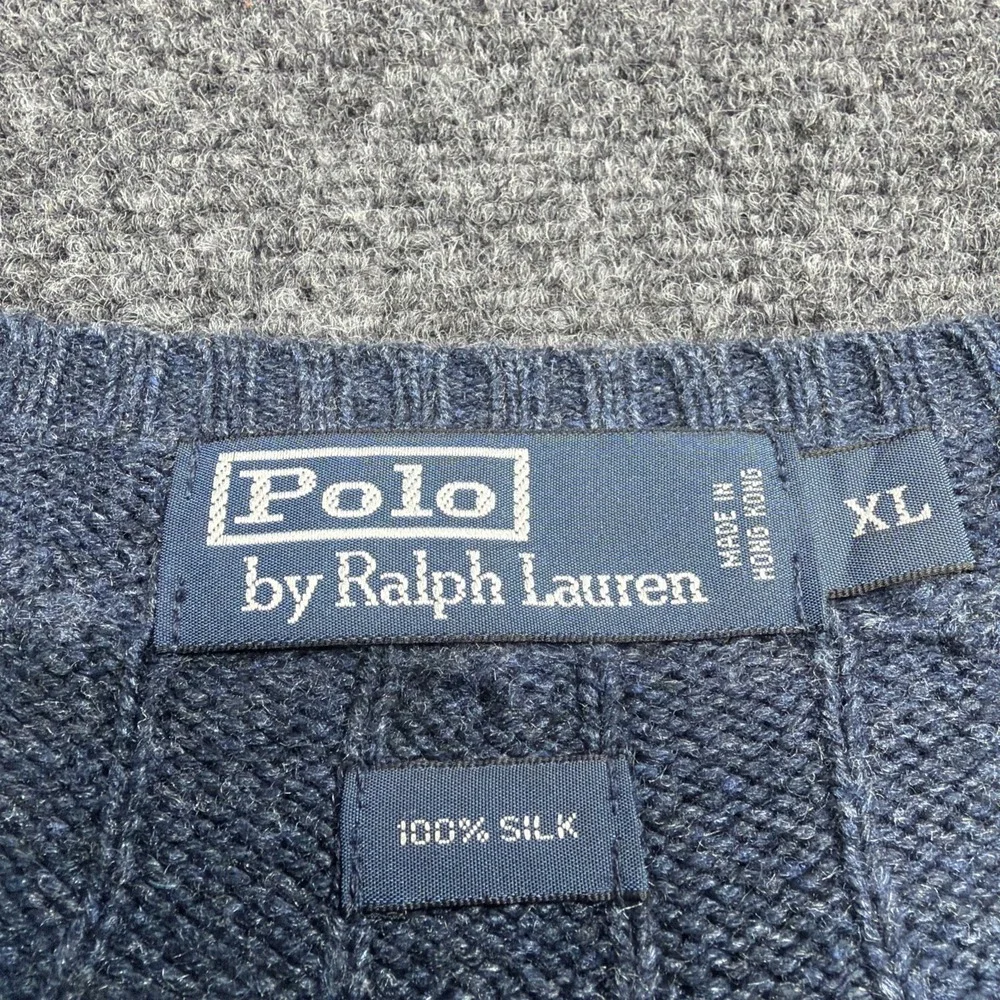 VTG 90's Polo Ralph Lauren SILK Sweater Mens XL Cable Knit Fisherman Blue Rare!